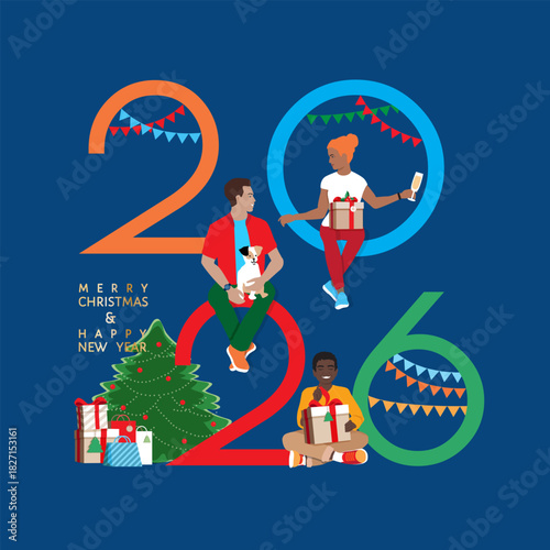 2026 Christmas party greeting poster, card, banner. Young friends are celebrating together, big bright colored numbers, decorated fir tree, giftboxes at dark blue background. Flat vector illustration.