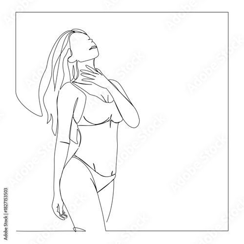 continuous line art of a woman in a serene beauty pose, featuring clean outlines