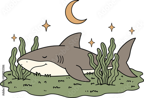 Cute Sleeping Shark Under the Moonlight with Seaweed
