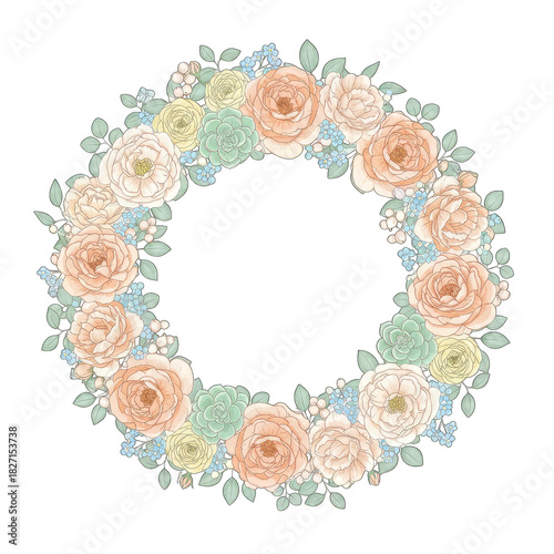  Delicate Watercolor Floral Wreath Soft Peach Blush and Mint Green Blossoms with Tiny Blue Forget Me Nots Isolated on Transparent Background for Elegant Celebrations and Designs
