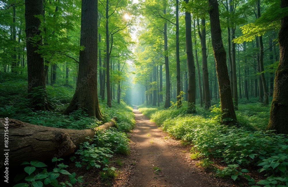 Obraz premium Sunlight streams through rich green forest canopy onto dirt path. Tall trees line woodland trail, with abundant foliage and fallen log. Nature scene invites peaceful exploration and outdoor activity.