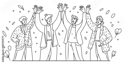 Diverse group of four people in casual attire raising their hands in celebration and unity against a dark background with abstract shapes and floral elements