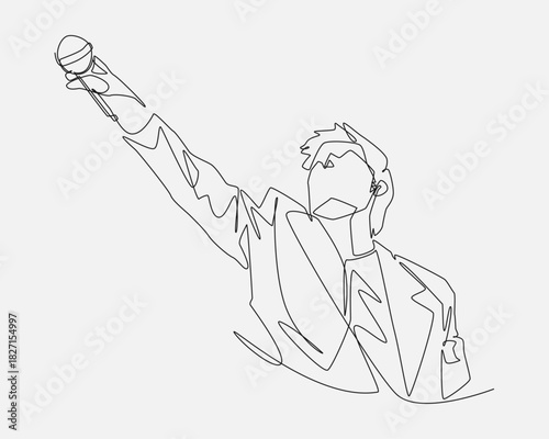 Continuous line drawing of a male musician with microphone. Editable vector illustration.