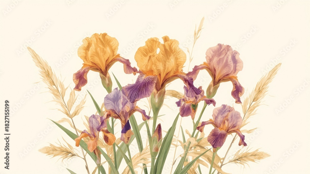 Obraz premium Light purple and orange irises with wheat stalks in a soft watercolor style.