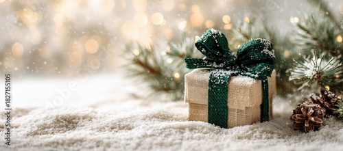a small gift box with a green ribbon tied around it, placed on the snow-covered ground next to pine branches and lights Generative AI