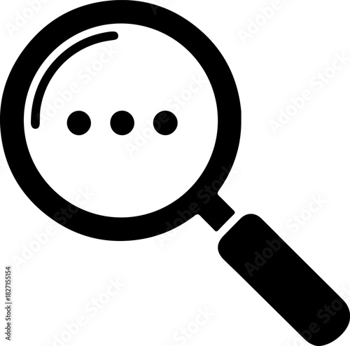 Black magnifying glass icon with an ellipsis inside, symbolizing search, loading, or ongoing process, isolated on transparent background