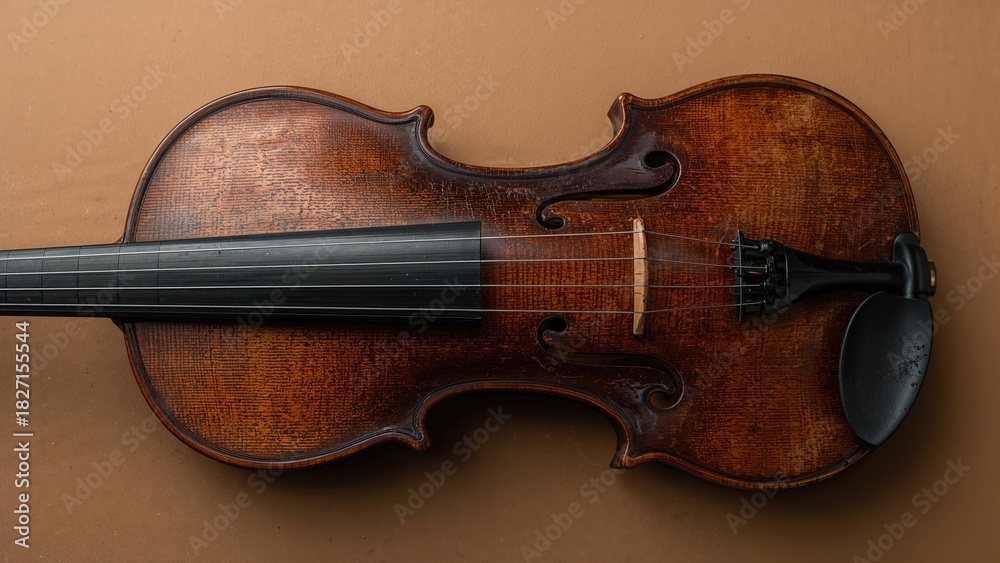 Fototapeta premium A violin with a bow on a brown background. Classical musical instrument, string instrument, and musical performance.