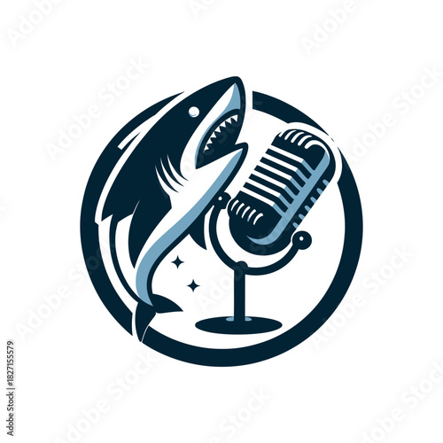 A stylized logo featuring a shark with an open mouth next to a vintage microphone.