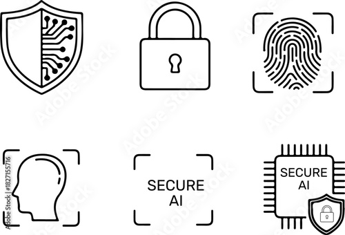 Digital security and ai line icons for protection, privacy, and authentication, isolated on transparent background