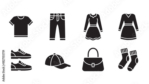 Outfit Collection Vector Icons: Apparel, Casual Clothing, Shoes, Accessories, Fashionable Wardrobe Isolated on White