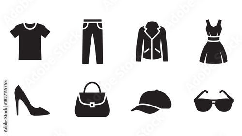 Fashion Icons Vector Illustration T-shirt Pants Jacket Dress High Heel Shoes Handbag Cap Sunglasses Garment Accessories Apparel Stylish Pictogram