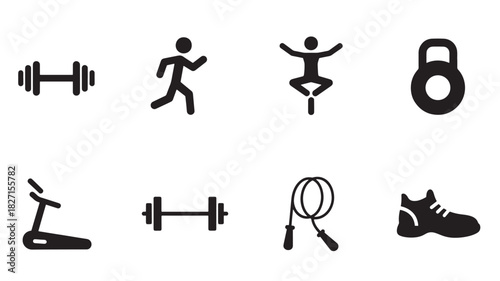 Fitness And Gym Vector Icons: Exercise, Sport Training, Dumbbell, Running, Workout Equipment Isolated on White