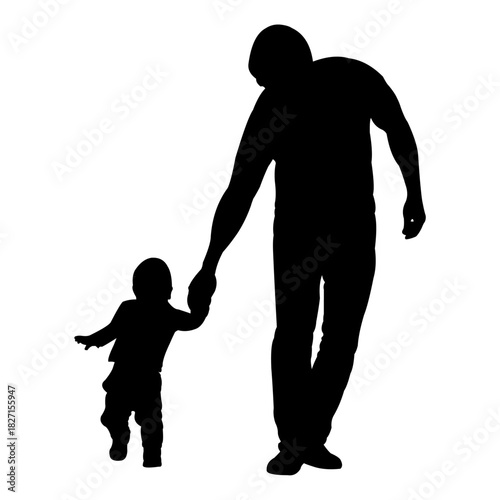 Silhouette of father helping toddler take first steps.vector illustration of father and son
