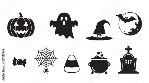 Halloween Icon Set: Pumpkin, Ghost, Hat, Bat, Candy, Cauldron, Tombstone Vector Design