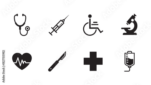 Medical Healthcare Icon Set: Stethoscope, Syringe, Wheelchair, Microscope, Heart, Scalpel, Plus, IV Bag Vector