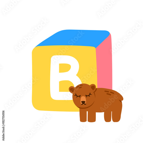 Cute block toy with letter B for kids. Alphabet study, preschool kids, word puzzle game.