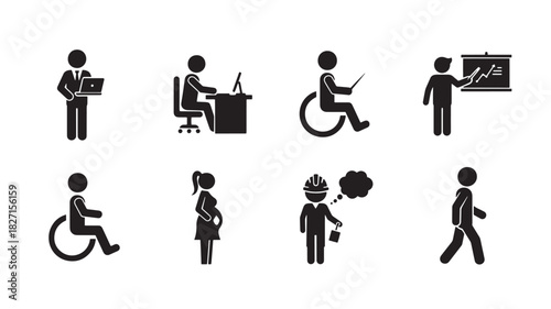 Diverse Workplace People Icon Set Stick Figures Business Professional Wheelchair User Presentation Pregnant Woman Engineer Walking