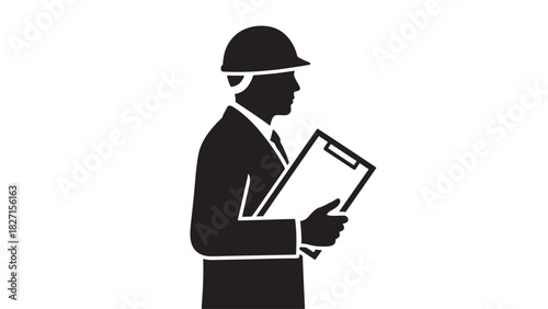 Construction Inspector Icon Silhouette with Clipboard Safety Helmet Engineer Site Survey Plan Building Draft Worker Project Foreman