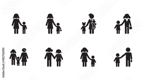 Mother with Child Icon Set Parent Kid Holding Hands Family Love Care Connection Toddler Daughter Son Support