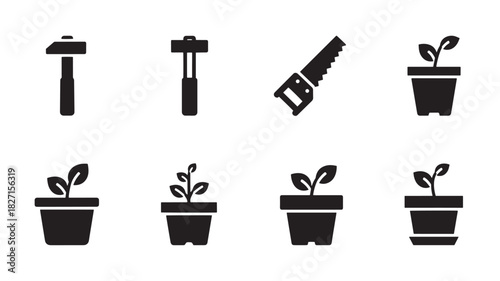 Gardening Tools Vector Icons Set Essential Hand Tools for Planting and Cultivating Garden Maintenance and Landscaping Projects