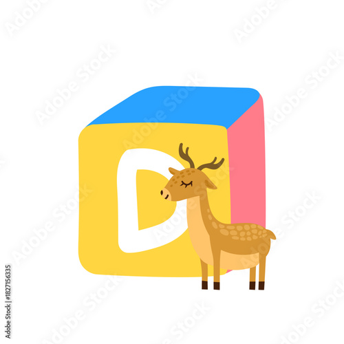 Cute block toy with letter D for kids. Alphabet study, preschool kids, word puzzle game.