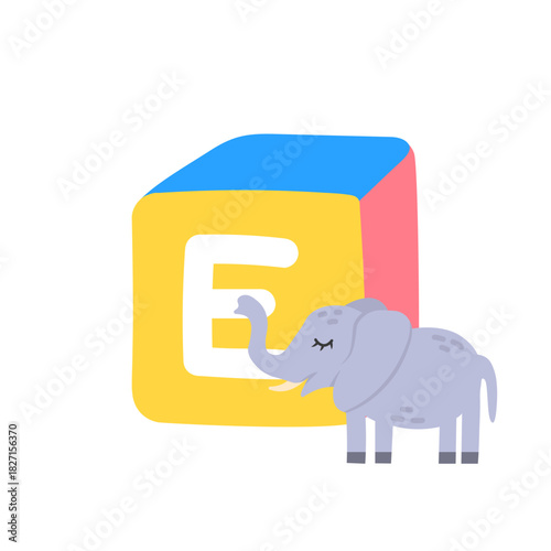 Cute block toy with letter E for kids. Alphabet study, preschool kids, word puzzle game.