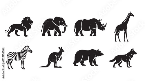 Animal Icon Set: Lion, Elephant, Rhino, Giraffe, Zebra, Kangaroo, Bear and Wolf