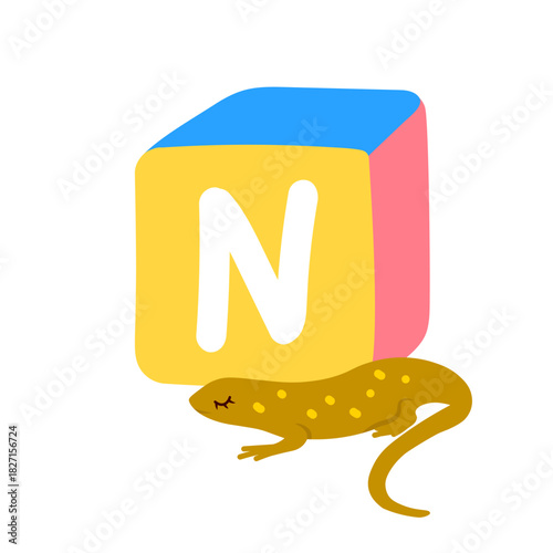 Cute block toy with letter N for kids. Alphabet study, preschool kids, word puzzle game.