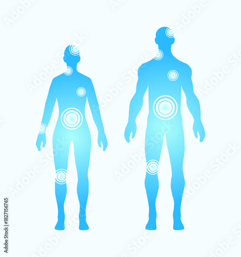 Full height human body shadow shape isolated on white background. Pain localization spot, medical concept. Woman and man flat silhouette icon set. Cartoon vector health care illustration.