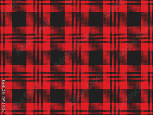 Buffalo tartan plaid seamless pattern, bright red black bold lumberjack plaid seamless background. Perfect bold check design for winter clothing, rustic themes and outdoor-inspired textiles