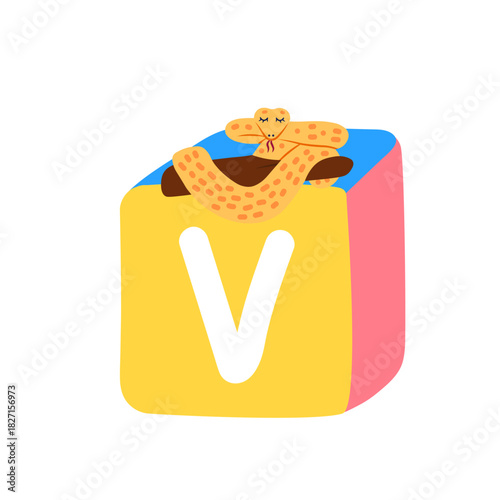 Cute block toy with letter V for kids. Alphabet study, preschool kids, word puzzle game.