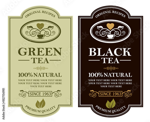 collection of green and black tea labels with leaves and cup