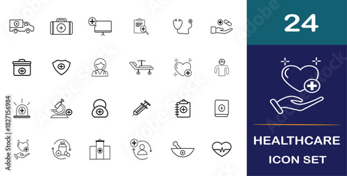 Collection of dual toned healthcare icon sets.  Health, care, doctor, nurse, hospital, clinic, medication, pill, report, and vaccine are all included in an icon set.
