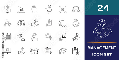 Collection of dual tone management icon sets.  Manage, plan, lead, strategy, goal, task, team, schedule, organize, and project are all contained in an icon collection.
