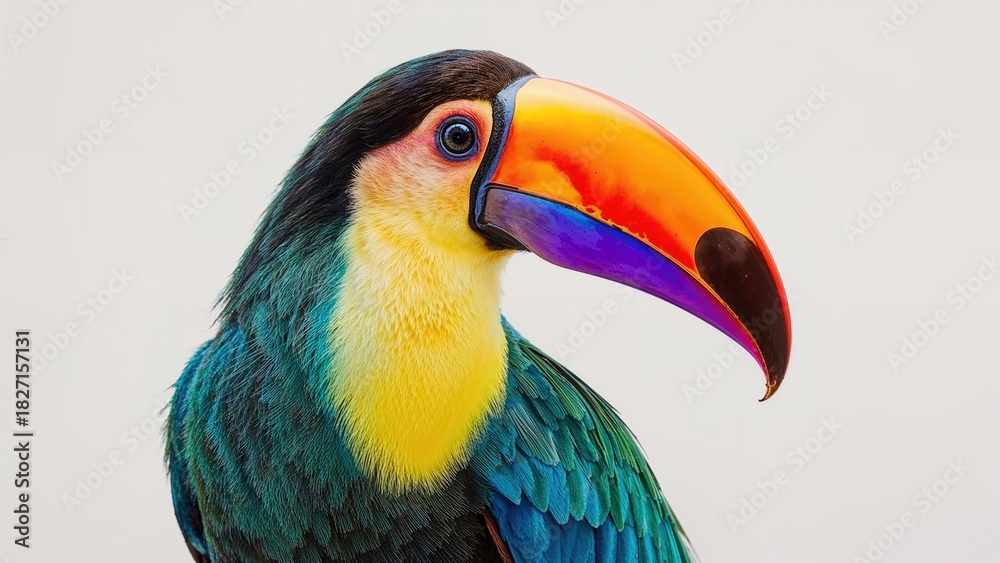 Obraz premium Colorful toucan with vibrant beak and detailed feathers. Beautiful tropical bird display. Exotic bird showcasing vivid colors and intricate patterns.