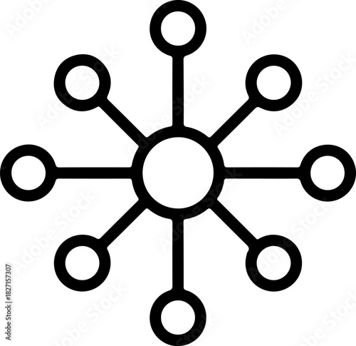 A simple black and white icon of a central circle connected to eight outer circles, representing network, connection, distribution, hub, or system isolated on transparent background