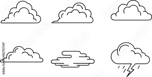 A diverse collection of outline cloud icons, showcasing various shapes from light and airy to a dramatic storm cloud with lightning isolated on transparent background