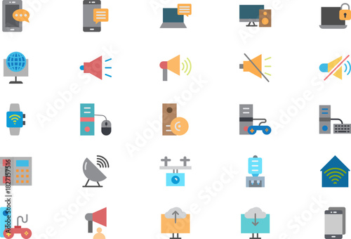 Collection of flat design vector icons representing modern technology and communication