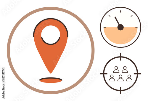Orange location pin in a circular frame, speedometer showing progress, and group target icon. Ideal for navigation, strategy, focus, goals, progress productivity teamwork. A simple flat metaphor