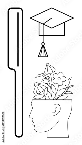 Open head with blossoms growing, graduation cap and ruler symbolizing education, growth, and creativity. Ideal for innovation, learning, progress, self-development, achievement mindfulness simple