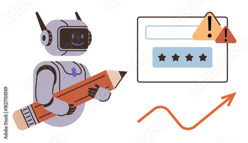 Robot holding a pencil beside a review dashboard featuring ratings and alert icons, coupled with a rising trend arrow. Ideal for automation, AI, feedback analysis, review moderation, tech growth