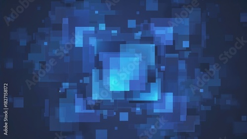 Pixelated digital art with blue hues, featuring a central bright square and surrounding smaller squares, creating a pixelated pattern.