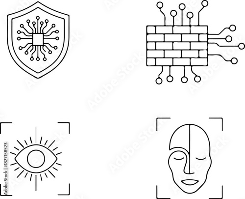 Cybersecurity and biometric icons shield, firewall, eye scan, face recognition, isolated on transparent background