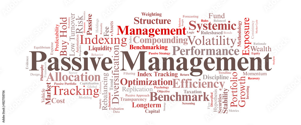 Fototapeta premium Passive Management Word Cloud. Core Concepts Of Indexing, Longterm Investing, Diversification, And Market Tracking Principles.