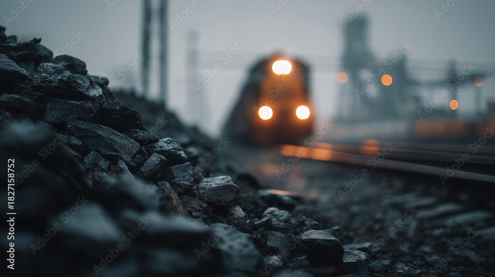 Obraz premium Close-up of a pile of coal with a train approaching on tracks in the background. Concept for energy industry, fuel supply and transportation infrastructure