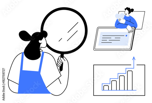 Data analysis concept. Data professionals visualizing trends and analyzing information through growth graphs and digital communication tools. Data insights for business, research, productivity