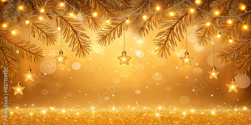 Golden Christmas Background With Glitter Lights, Hanging Decorations And Fir Branches, Suitable For Holiday Designs, Winter Promotions And Seasonal Marketing, With Strong Commercial Appeal 