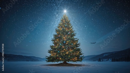 Christmas tree under starry night sky with Milky Way, snow-covered landscape, and airplane overhead.