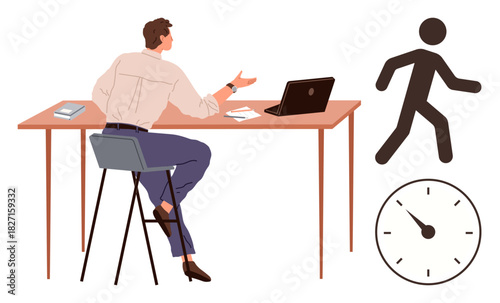 Man seated at desk near laptop and books, gesturing towards walking figure and clock. Ideal for time management, productivity, business workflow, communication, planning, deadlines efficiency. A