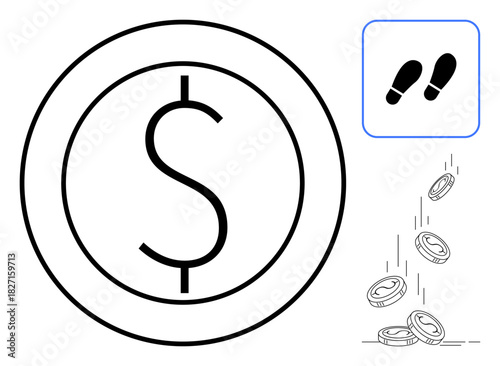 Large coin with dollar sign, footprints icon symbolizing progress, and coins falling, indicating spending or investment. Ideal for finance, wealth, progress, investment, saving decision-making